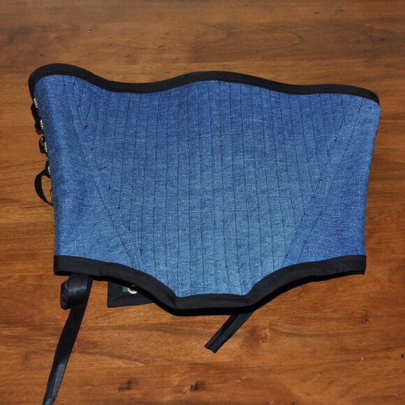 New Reversible Green Plaid & Denim Side & Back Lace-up Corset Bustier Top M - Picture 12 of 13